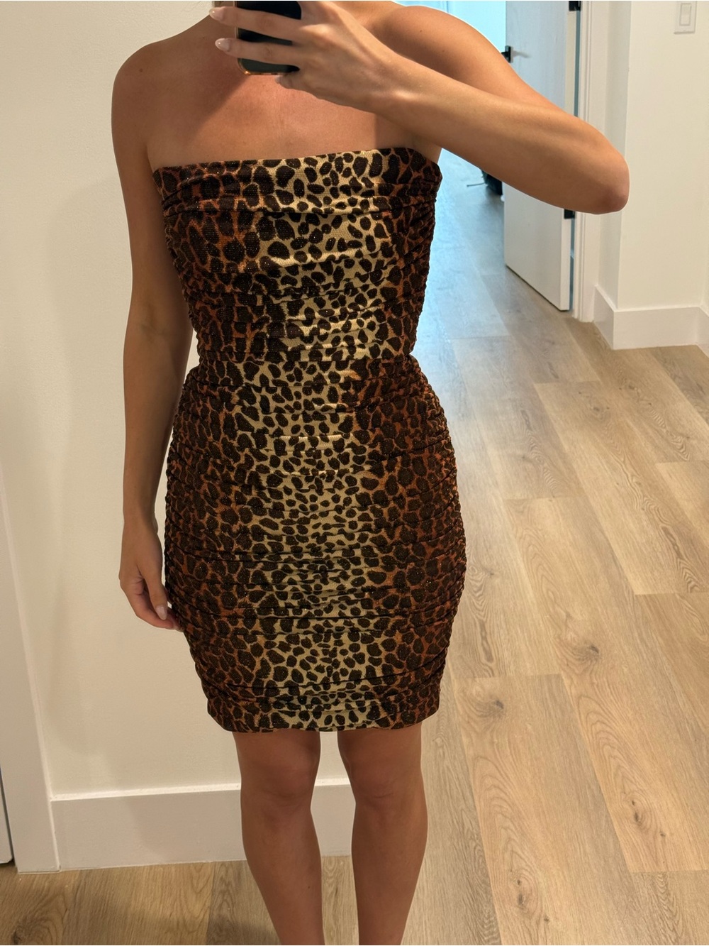 Vintage Tadashi Leopard Print Ruched Strapless Bodycon Dress XS